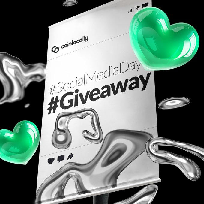The image shows a stylized 3D render of a smartphone displaying a Coinlocally social media post with the text "#SocialMediaDay #Giveaway" surrounded by glossy green heart and silver liquid metallic elements.

The visual reinforces the post's announcement of a 700 USDT giveaway by Coinlocally for Social Media Day, with the floating hearts symbolizing engagement and the 3D phone representing the social media platform.
