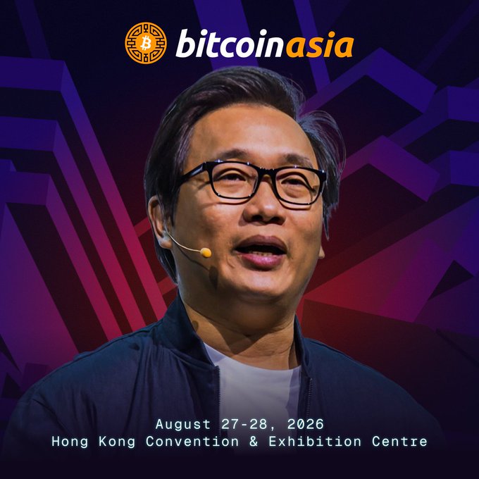 Promotional image for Bitcoin Asia 2026 featuring a portrait of Anndy Lian, Chief Digital Advisor of the Mongolia Productivity Organization, speaking into a headset microphone. The poster displays the Bitcoin Asia logo at the top and event details "August 27-28, 2026, Hong Kong Convention & Exhibition Centre" at the bottom.