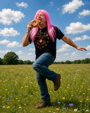 A man with a bright pink wig joyfully bites into a donut while leaping through a sunny flower field, paired with a confrontational post calling out someone for blocking them to avoid criticism. The whimsical, carefree image contrasts sharply with the aggressive message, highlighting a playful approach to online conflict.