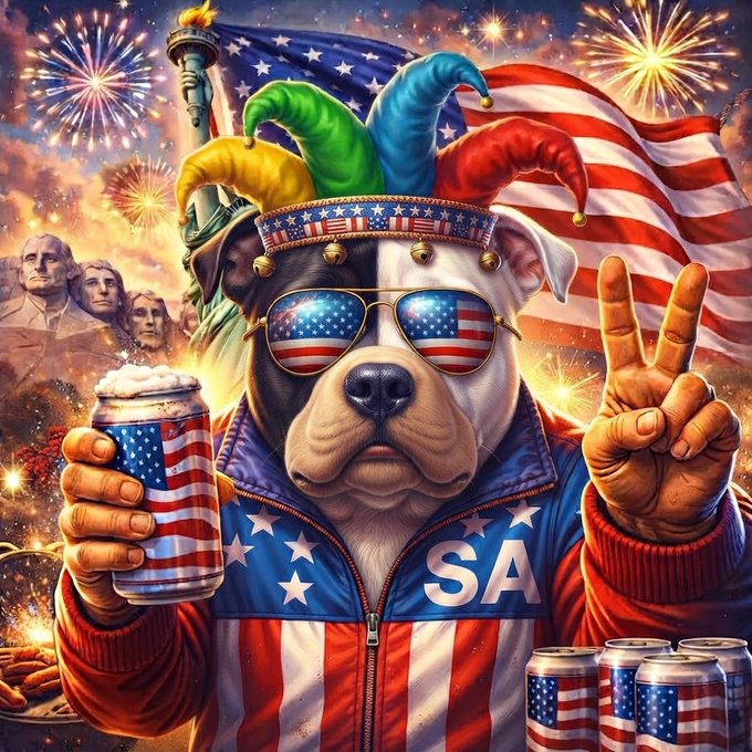 Vibrant patriotic digital artwork of a bulldog wearing American-flag sunglasses, a jester-style patriotic hat, and a USA-themed jacket, holding a beer mug and flashing a peace sign against a backdrop of fireworks, the American flag, and Mount Rushmore.