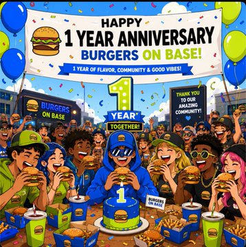 A colorful celebratory graphic for 'HAPPY 1 YEAR ANNIVERSARY BURGERS ON BASE!' showing a diverse crowd with burgers, balloons, and a '1 YEAR' cake.