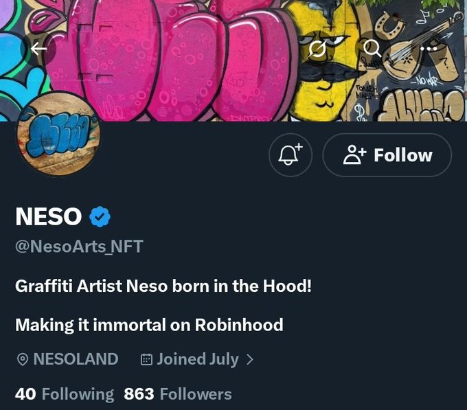 The image shows the Twitter/X profile page for NESO (@NesoArts_NFT), a verified graffiti artist with 863 followers, showcasing vibrant pink and yellow graffiti-style artwork as the header. The bio reads "Graffiti Artist Neso born in the Hood! Making it immortal on Robinhood," which aligns with the post highlighting the project as an early find and the first graffiti art collection on Robinhood.