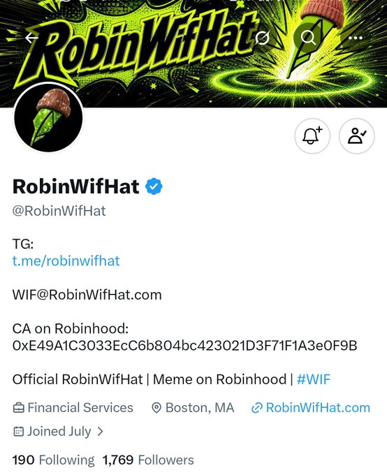 A verified Twitter/X profile for "RobinWifHat" (@RobinWifHat) with 1,769 followers, featuring a green logo with a leaf in a beanie and a contract address (0xE49A1C3033EcC6b804bc423021D3F71F1A3e0F9B) for the $WIF memecoin on Robinhood, tying into the post's promotion of the project and its new NFT collection.