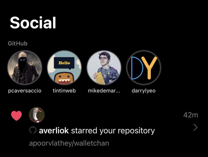 A GitHub mobile app screenshot showing the Social section with profiles for pcaversaccio, tintinweb, mikedemar... and darrylyeo, along with a notification that averljok starred the apoorvlathey/walletchan repository.