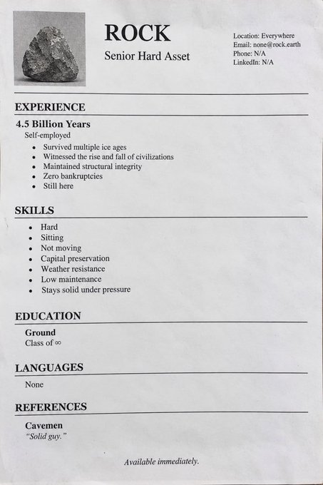 A humorous minimalist resume for 'ROCK' listing 4.5 billion years of self-employed experience, skills like 'sitting' and 'weather resistance', education as 'Ground', and a reference from Cavemen with the quote 'Solid guy.'