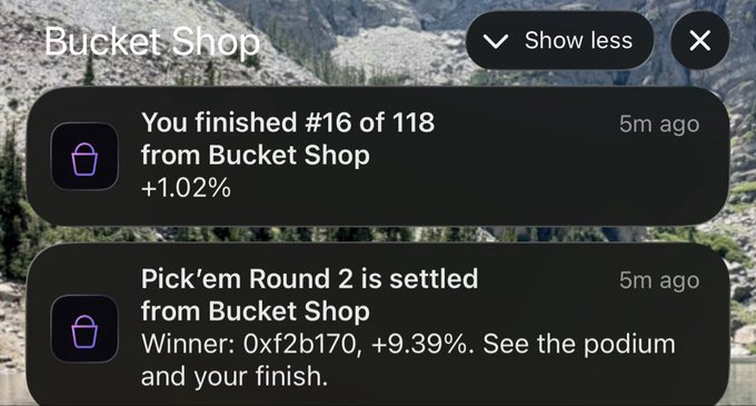 A mobile notification panel displaying two alerts from 'Bucket Shop': 'You finished #16 of 118 +1.02%' and 'Pick'em Round 2 is settled, Winner: 0xf2b170, +9.39%.'