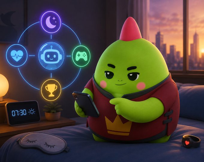 A 3D rendered illustration of a green character in a red hoodie holding a phone, sitting on a bed with neon icons representing sleep, health, AI, gaming, and achievements, alongside a digital clock showing 07:30.