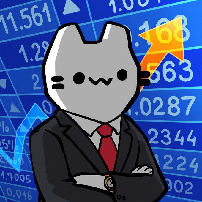 A cartoon cat mascot in a business suit and red tie stands confidently with crossed arms against a blue stock chart background featuring rising arrows and numbers like "11.561," "1.29," and "1.0287," symbolizing bullish market gains that align with the optimistic "gm hnw frens" (good morning high-net-worth friends) greeting.