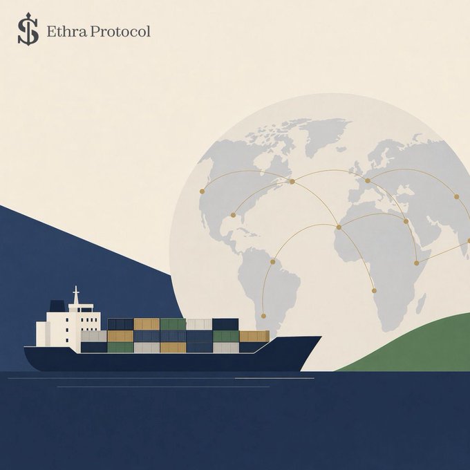 A minimalist illustration of a cargo ship at sea with the 'Ethra Protocol' logo, featuring a globe with interconnected nodes symbolizing global trade routes.