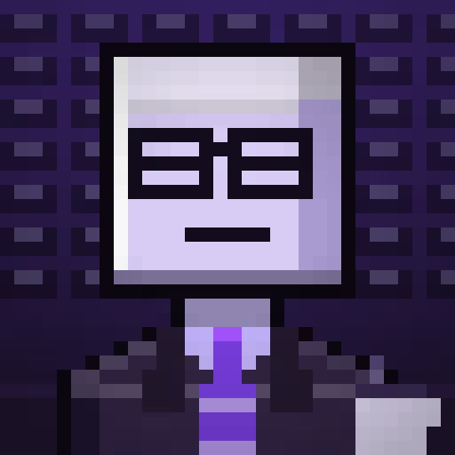 A pixel art character portrait featuring a light purple face with black rectangular glasses and a simple line mouth. The character wears a black suit with a purple tie, set against a dark purple geometric patterned background.