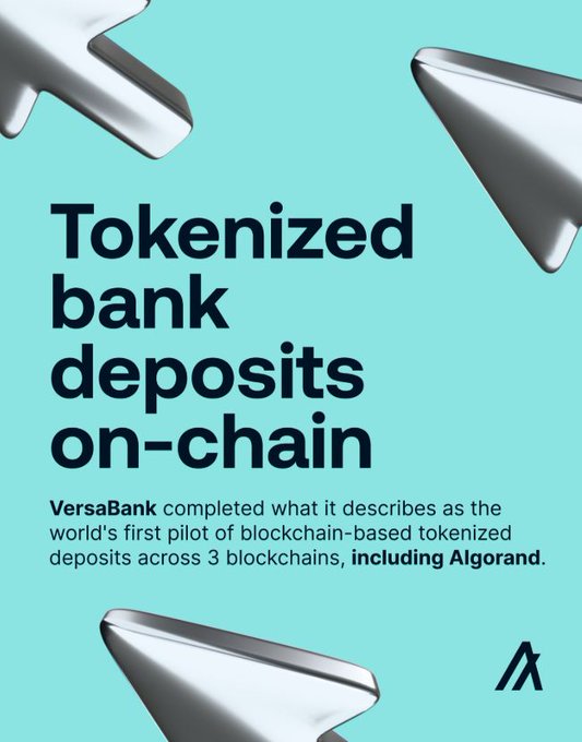 The image features a poster with three arrows pointing upwards, each arrow made from a different shape - a triangle, a rectangle, and an arrowhead. The text on the poster reads "Toenized bank deposits on-chain" and "HUGE $ALGO NEWS @VersaBank just completed the world's first pilot for blockchain-based deposit receipts". This suggests that VersaBank has recently launched a new service to manage digital assets using blockchain technology, allowing users to store their cryptocurrency in a secure manner. The poster is displayed on a blue background and is positioned above an image of three arrows pointing upwards.