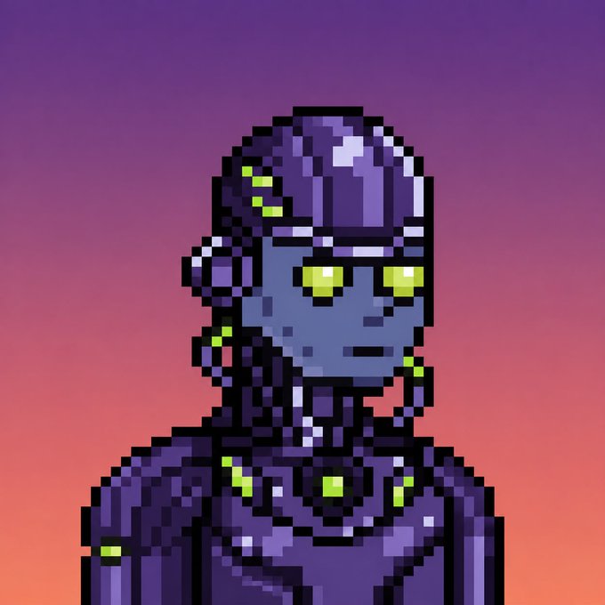 A pixel art portrait of a purple robotic figure wearing a helmet with glowing yellow eyes and accents, set against a sunset gradient background. The image serves as a winner announcement graphic, recognizing the listed wallet addresses and usernames of contest winners.