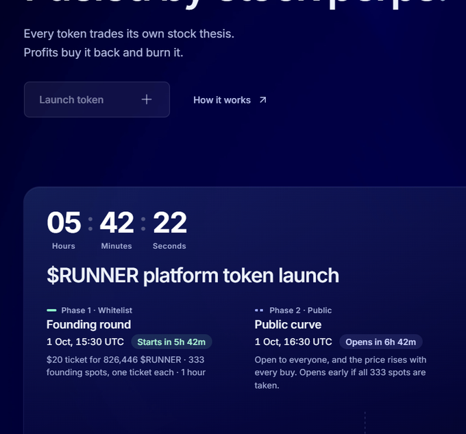A cryptocurrency platform page titled '$RUNNER platform token launch' detailing a countdown timer and two launch phases, noting that 'Every token trades its own stock thesis. Profits buy it back and burn it.'