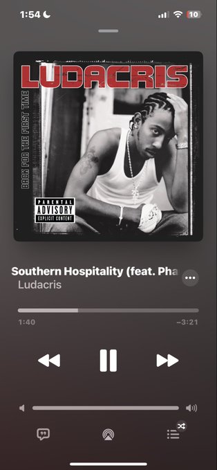 A smartphone screenshot shows a music player playing "Southern Hospitality (feat. Pha..." by Ludacris at 1:00 out of 3:21, with the album cover featuring Ludacris in a white tank top and a Parental Advisory Explicit Content label visible.