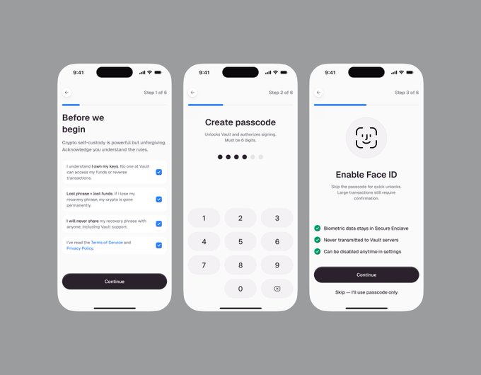 Three iPhone screens display an onboarding flow for a crypto self-custody app, showing steps for understanding rules, creating a 6-digit passcode, and enabling Face ID with biometric security features.
