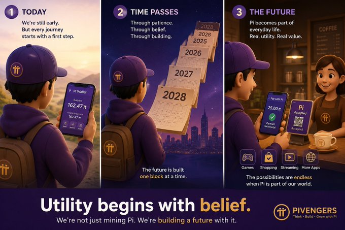 A three-panel promotional graphic for Pivengers / Pi Network showing the stages 'Today,' 'Time Passes,' and 'The Future,' with the tagline 'Utility begins with belief.'