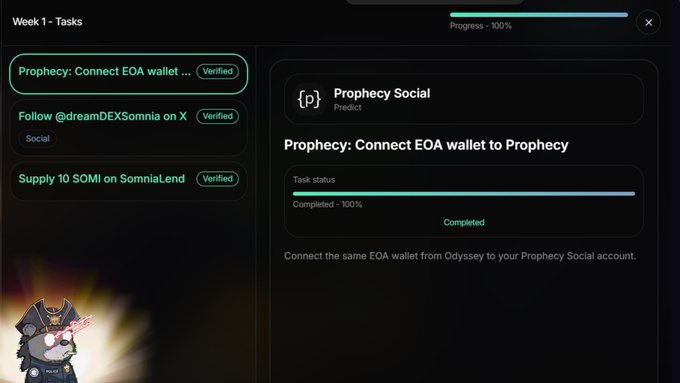 Screenshot of Prophecy Social Week 1 Tasks showing completed (100%) verified tasks including 'Prophecy: Connect EOA wallet', 'Follow @dreamDEXSomnia on X', and 'Supply 10 SOMI on SomniaLend'.