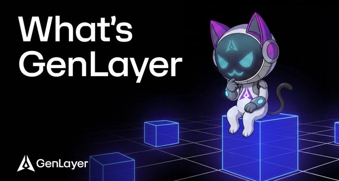 The image features a cartoon cat sitting atop blue cubes arranged in a grid-like pattern. The caption below the image reads "What's Genlayer?". This suggests that the image might be related to a discussion or tutorial about the concept of Genlayer, possibly in the context of cryptocurrency development or blockchain technology.