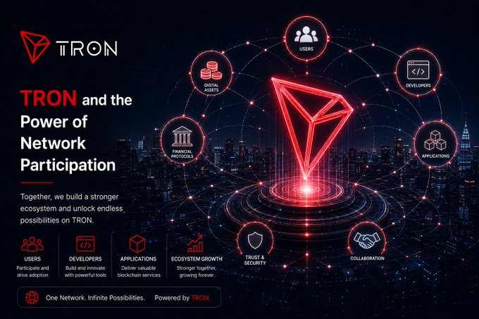 A promotional graphic for TRON features its red 3D logo at the center of a glowing digital network against a city skyline backdrop, surrounded by interconnected icons representing Users, Digital Assets, Developers, Financial Protocols, Applications, Ecosystem Growth, Trust & Security, and Collaboration. The tagline "TRON and the Power of Network Participation" appears on the left, with supporting text reading "Together, we build a stronger ecosystem and unlock endless possibilities on TRON," reinforcing the image's message about community-driven blockchain growth.