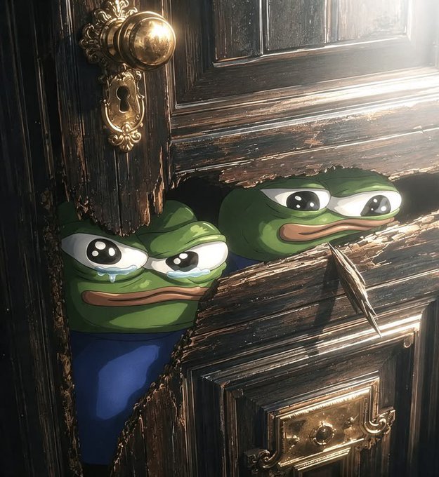 A meme image showing sad crying Pepe frogs peeking through a hole in an ornate wooden door, with another Pepe looking on hopefully.