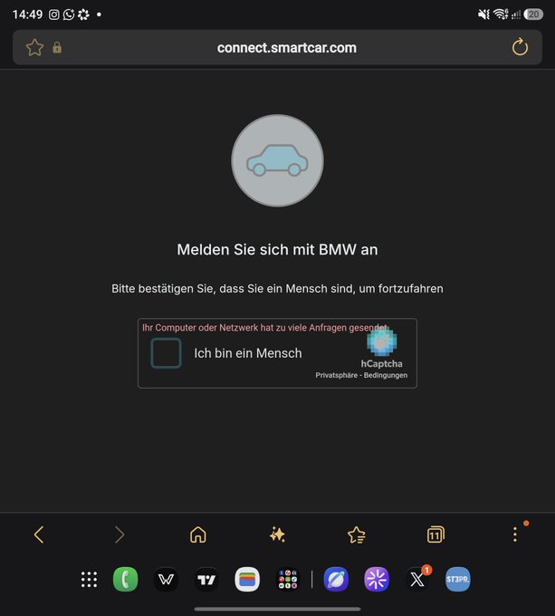Mobile browser screenshot of connect.smartcar.com showing a German hCaptcha verification page ('Ich bin ein Mensch') for BMW sign-in.