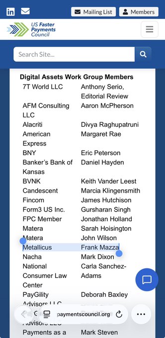 A mobile screenshot of the US Faster Payments Council website displaying a list of 'Digital Assets Work Group Members,' including companies like M2 Metals and Metallicus with representatives Frank Mazza and others.