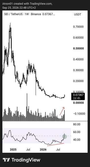 A weekly TradingView chart of SEI/USDT on Binance shows the pair trading at 0.07367 USDT after a prolonged downtrend from highs near 0.70, with a red arrow highlighting recent bullish momentum confirmed by rising RSI near 40 and increasing volume bars—visually supporting the post's claim of SEI finally showing strength.