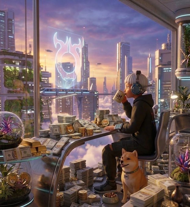 A figure with a BM logo cap and headphones sits sipping coffee beside a glowing BM neon sign and a Shiba Inu, surrounded by stacks of cash and coins against a futuristic skyline, perfectly matching the celebratory Pay X Day post wishing the community triple-digit gains.