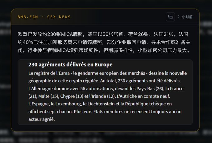 The image is a Chinese-language news post from "BNB.FAN • CEX NEWS" with a French excerpt reporting that the EU has issued roughly 230 MiCA licenses—Germany leading with 56, the Netherlands 26, and France 21—while noting that about 40% of registered crypto service providers haven't applied. The post's commentary mocks the overemphasis on regulatory compliance, arguing that Binance thrives globally despite lacking MiCA licenses, suggesting product quality matters more than the number of permits held.