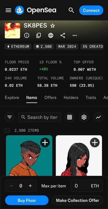 A screenshot of the OpenSea NFT marketplace showing a collection called 'SK8PES' on Ethereum with 2,500 items, a floor price of 0.0237 ETH, and two cartoon character avatars displayed for sale.