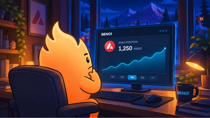 An illustrated flame character sits at a desk in a cozy cabin, looking at a monitor displaying a BENQI AVAX POSITION of 1,250 AVAX with a rising chart.