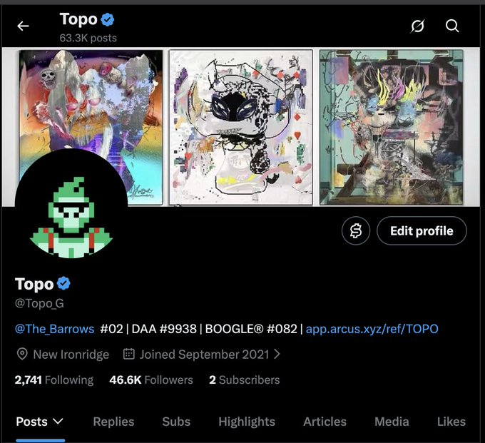 A Twitter/X profile page for the verified account 'Topo' (@Topo_G) with 46.6K followers and 63.3K posts, displaying the handle '@The_Barrows #02 | DAA #9938 | BOOGLE@ #082 | app.arcus.xyz/ref/TOPO'.