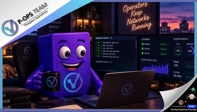 A promotional graphic for P-OPS TEAM (Pangea Operations) features a purple mascot character at a laptop displaying network monitoring screens with the text 'Operators Keep Networks Running.'