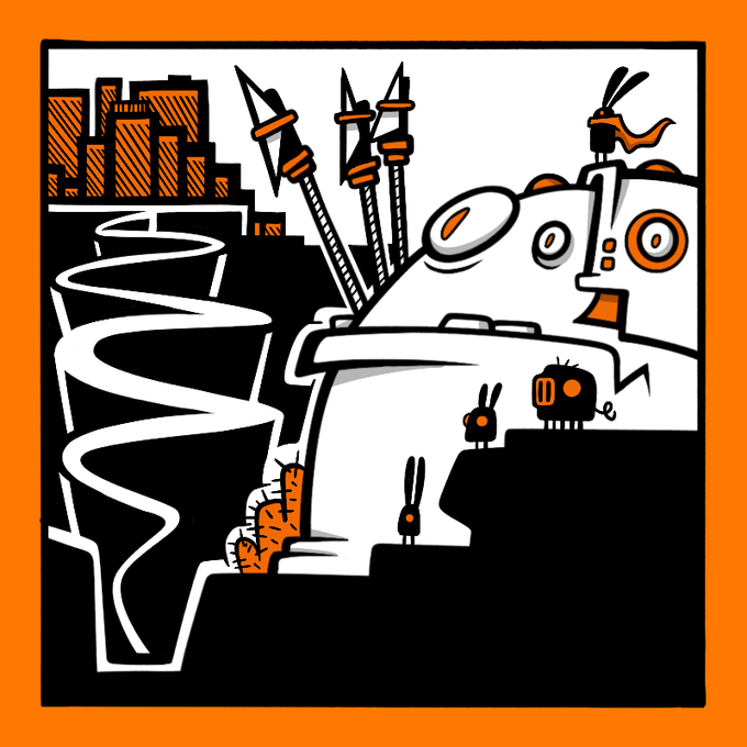 A stylized black, white, and orange illustration depicts a whimsical scene featuring a large robot-like figure with a telescope, small bunny-eared creatures on a cliff, and a cityscape in the background, evoking the adventurous, storybook aesthetic of "INkscription - Crazy ORdinal Tales" through its bold graphic novel style.