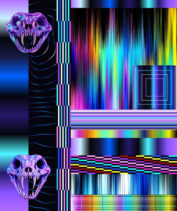 A vibrant glitch-art style digital piece featuring two chrome/purple metallic snake skulls and rainbow static patterns, color bars, and geometric frames on a dark background.