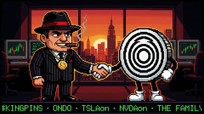 Pixel art depicts a gangster in a black pinstripe suit and fedora smoking a cigar while shaking hands with a bullseye character in front of a sunset cityscape, with computer monitors showing stock charts on either side and the text "$KINGPINS · ONDO · TSLAon · NVDAon · THE FAMILY" displayed along the bottom.

The image visually reinforces the post's theme by portraying a stylized "deal" between The Family and the Ondo ecosystem, representing the partnership to tokenize major stocks (TSLA, NVDA, MSFT, AAPL, GOOGL, SPY, CRCL, MSTR) on Ethereum.