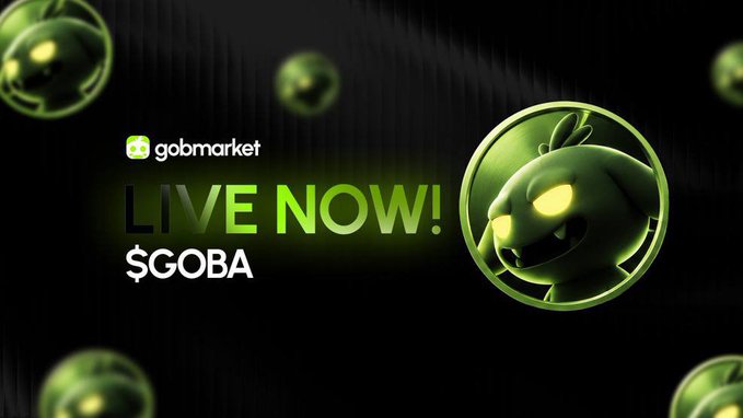 A promotional graphic for gobmarket showing green fruit-like characters and the text “LIVE NOW! $GOBA.”