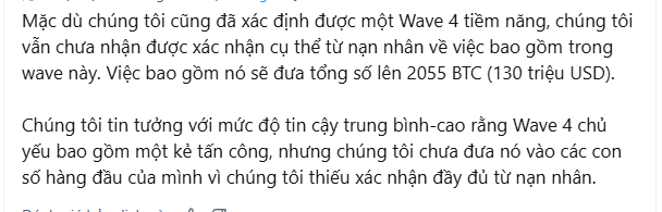 Vietnamese text discussing Bitcoin Wave 4, mentioning 2055 BTC (130 million USD) and confidence in average-high conviction levels.