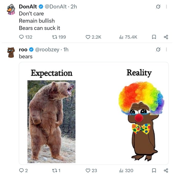 A screenshot of two X (Twitter) posts: DonAlt says 'Don't care, Remain bullish, Bears can suck it,' and roo replies 'bears' with a meme contrasting a fierce grizzly bear ('Expectation') with a clown bear ('Reality').