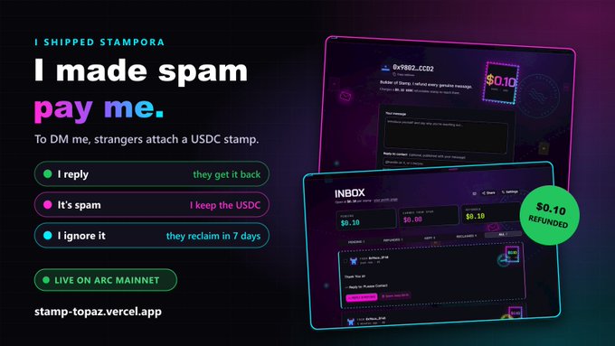 An advertisement for a stamping service displays the text 'I SHIPPED STAMPORA - I made spam pay me' and explains rules for replying, ignoring spam, and keeping USDC, alongside mockups of the interface showing 'stamp-topaz.vercel.app'.