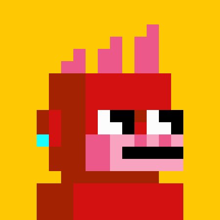 A pixel art portrait of a character with pink hair, wearing sunglasses and a pink face mask against a yellow background.