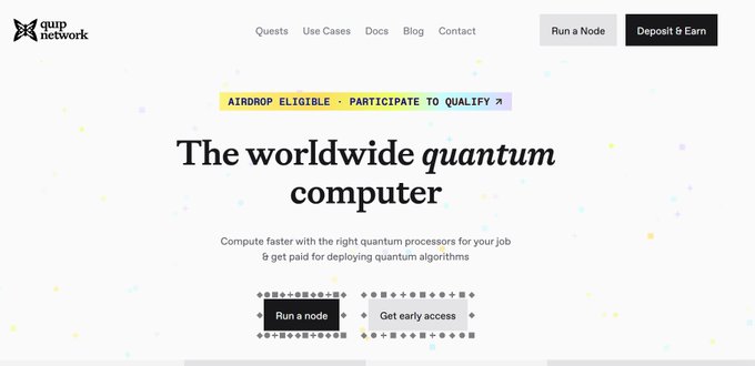 The image shows the Quip Network homepage featuring the tagline "The worldwide quantum computer," with an "AIRDROP ELIGIBLE · PARTICIPATE TO QUALIFY" banner and buttons for "Run a Node" and "Deposit & Earn." It aligns with the post's message about post-quantum security, promoting Quip Network as a quantum computing solution to counter emerging AI-driven cryptography threats.