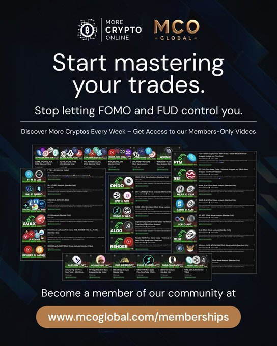 A promotional graphic from MCO Global invites viewers to "Start mastering your trades" and "Stop letting FOMO and FUD control you," featuring a dense collage of YouTube-style video thumbnails highlighting various cryptocurrencies like ETH, ONDO, SEI, AVAX, ALGO, RENDER, XLM, and SHIB, alongside dates in 2024, with a call to action to "Become a member of our community at www.mcoglobal.com/memberships."