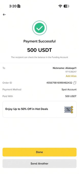 A mobile app payment confirmation screen shows "Payment Successful" for 500 USDT, sent to nickname "Aliagee1" (971538247) via Spot Account.