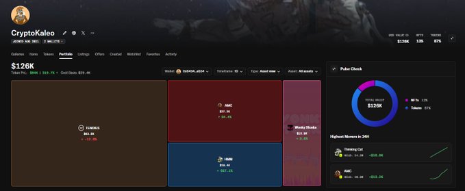 A photo of a crypto portfolio dashboard called "CryptoKaleo" showing a total balance of $126K (down 22.97% / $29.4K), with holdings in $TENDIES (-12.2%), $AMC (-7%), $HMM (-7%), and WonkyStonks (-2.3%), alongside a Pulse Check panel displaying $120K in mints and 1.5% in tokens as the top movers. The image corresponds to the poster's dip explanation and meme thesis, visualizing the current positions for each of the mentioned tickers ($TENDIES, $CASHCAT, $HMM, $AMC, and Wonky Stonks).
