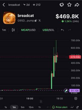 A cryptocurrency price chart for "breadcat" showing a value of $469.8K with a 1.22% increase over 24 hours, displaying dramatic price spikes on the chart with the ticker G95D...pump and MCAP/USD pairings.