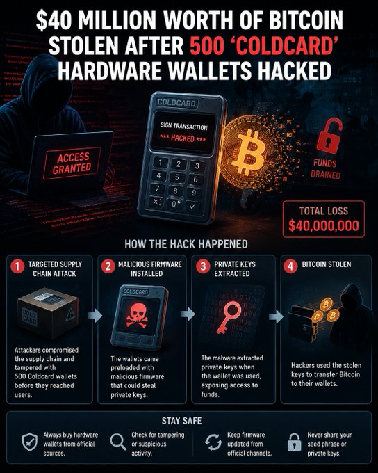 An infographic about a $40 million Bitcoin theft involving 500 hacked 'Coldcard' hardware wallets, detailing a supply chain attack where malicious firmware extracted private keys.