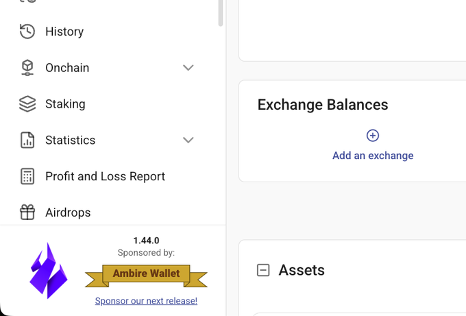 A screenshot of a crypto portfolio dashboard shows a sidebar menu with options like 'History', 'Onchain', 'Staking', 'Statistics', 'Profit and Loss Report', and 'Airdrops', alongside an 'Exchange Balances' section and an 'Assets' section. The bottom displays version '1.44.0' and 'Sponsored by: Ambire Wallet'.