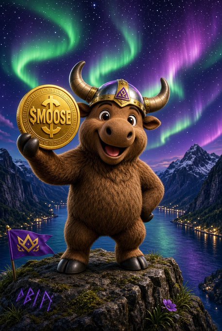 A cartoonish brown moose wearing a Viking helmet triumphantly holds up a golden "$MOOSE" coin against a stunning backdrop of the aurora borealis and snowy mountains. A small purple "$MOOSE" flag planted beside it reinforces the meme-coin theme, matching the post's call to attention for the emerging $MOOSE token community.