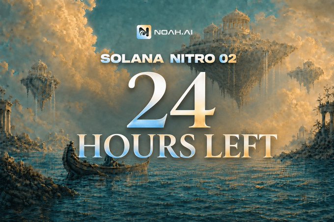A promotional graphic for 'NOAH.AI SOLANA NITRO 02' showing '24 HOURS LEFT' over a fantasy landscape with floating islands, clouds, and a boat on water.